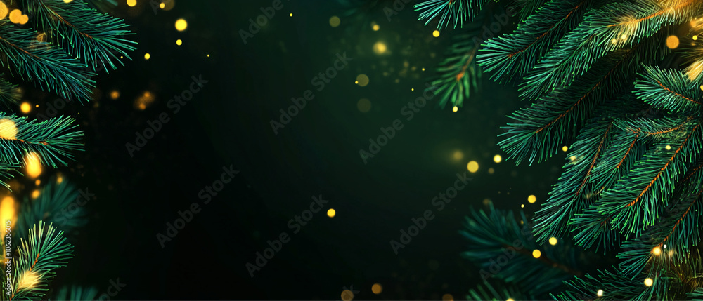 Poster green pine branches with golden bokeh lights create a festive background