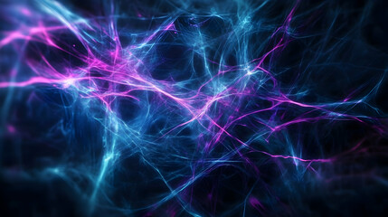 Fototapeta premium A vivid abstract depiction of intertwining pink and blue neon light streaks against a dark background, resembling an electrifying cosmic web.