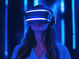 A woman with a VR headset explores a virtual environment, bathed in futuristic blue light. The image conveys a sense of immersion and technological advancement.