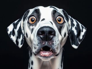 A striking studio portrait of a Dalmatian dog with a surprised expression against a dark background, showcasing its iconic black and white spots.