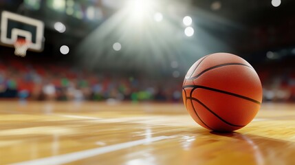 Naklejka premium A basketball resting on a polished court, illuminated by bright arena lights.