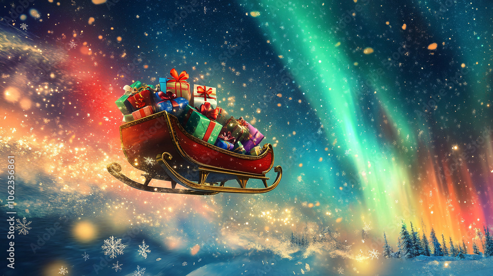 Poster sleigh full of presents soaring through a colorful aurora borealis sky, trailing sparkling snowflake