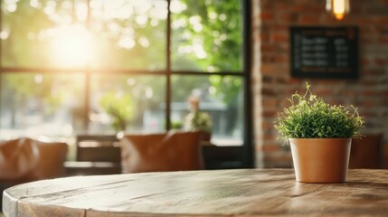 A sunlight-bathed café table features a single potted plant, creating a cozy atmosphere, symbolizing relaxation, simplicity, and natural calm in an urban setting.