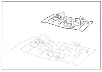 A girl sunbathes in the sun and reads a book, with her little dog, educational games for preschool children, outline illustration, illustration for coloring, summer, heat, vacations, school, sunbathin