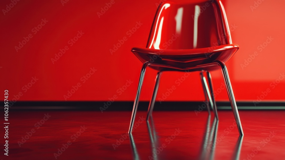 Poster a lone red chair is artistically placed in front of a red background, with subtle shadows creating d