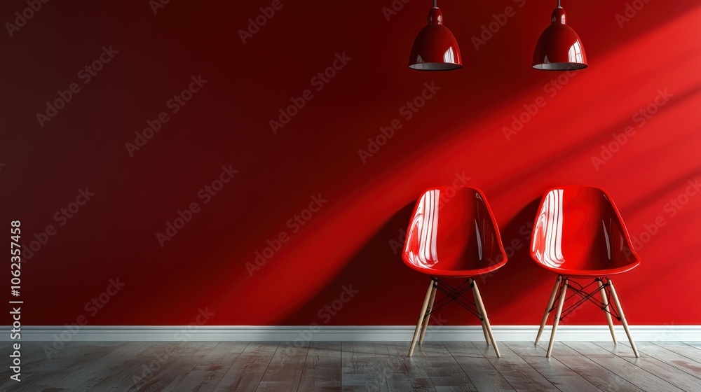Poster two modern red chairs sit on a wooden floor against a vibrant red wall, creating a dynamic yet balan