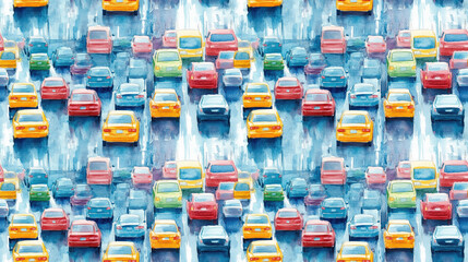 Fototapeta premium Watercolor illustration of traffic flowing on a vibrant city street seamless pattern design