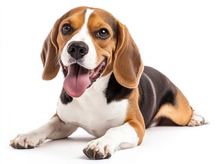 A joyful Beagle dog lies on a white background, exuding happiness with its tongue out, expressive eyes, and relaxed posture.