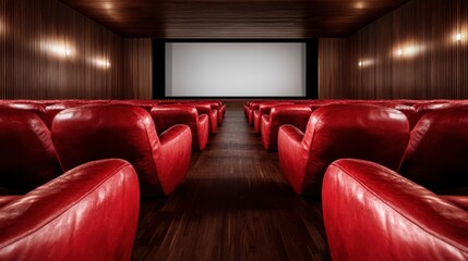 An intimate theater setting featuring plush red seats aligned perfectly before a large screen, evoking a sense of luxury and exclusivity in a warm ambiance.