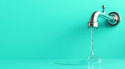 An elegant wall-mounted tap with water gracefully streaming out, creating ripples on the surface below, set against a vivid turquoise background for a modern look.