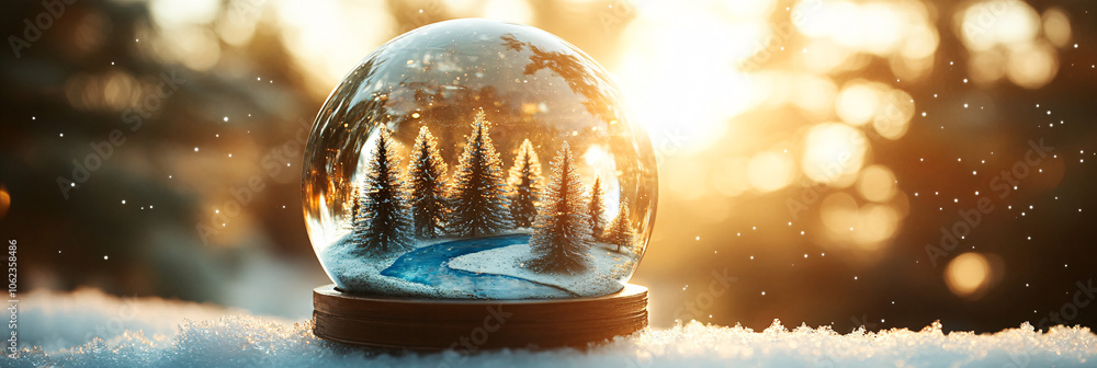 Poster snow globe hovering in mid-air, with tiny christmas trees and a frozen river inside, sparkling in th