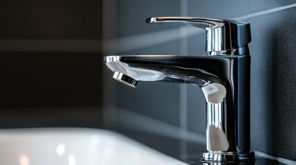 Close-up of a modern, shiny chrome faucet set against a sleek, black-tiled wall, demonstrating contemporary design and elegance suitable for modern home aesthetics.