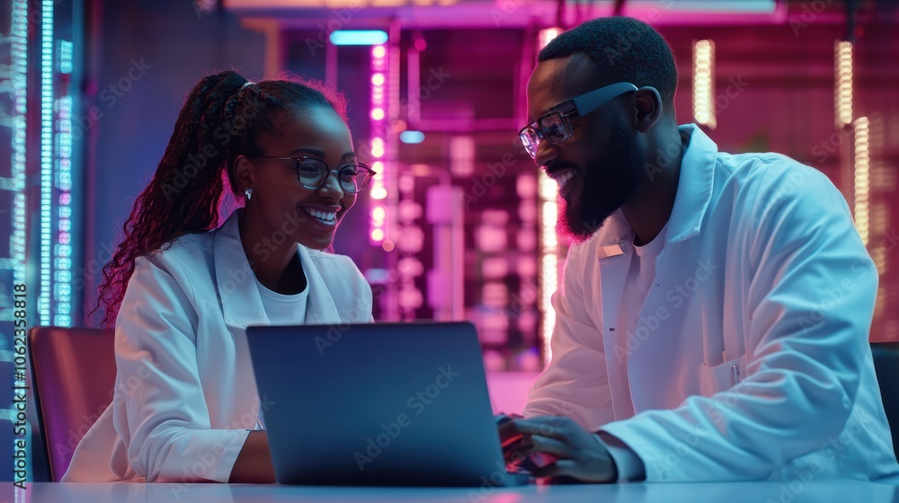Aufkleber portrait of two happy female and male engineers using laptop computer to analyze and discuss how to 