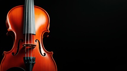 Fototapeta premium A finely crafted violin is showcased against a stark black background. The lighting highlights its polished wood and elegant strings, creating a sense of musical artistry.
