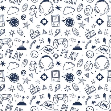 Video game hand drawn doodle seamless pattern. Video gamer console, joystick controller element.
