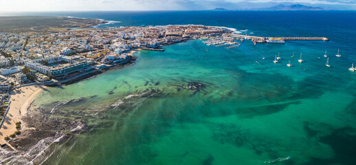 Aerial drone view of Corralejo, Fuerteventura, Canary Islands, Spain