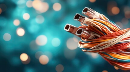 A collection of colorful networking cables with visible connectors are prominently displayed against a blurred background with glowing bokeh effects for emphasis.