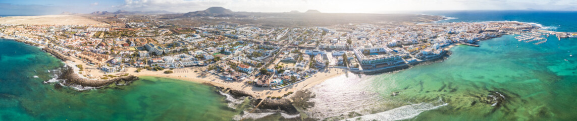 Aerial drone view of Corralejo, Fuerteventura, Canary Islands, Spain