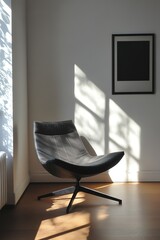Minimalist interior, chair in sunlight with shadows, framed art.