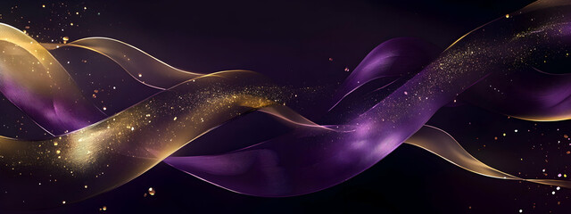 Abstract background banner featuring flowing ribbons in deep violet and shimmering gold, perfect for luxury product packaging