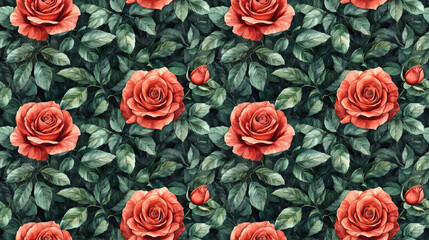 Fototapeta premium Seamless watercolor pattern featuring hand drawn red roses amidst lush green leaves botanical design
