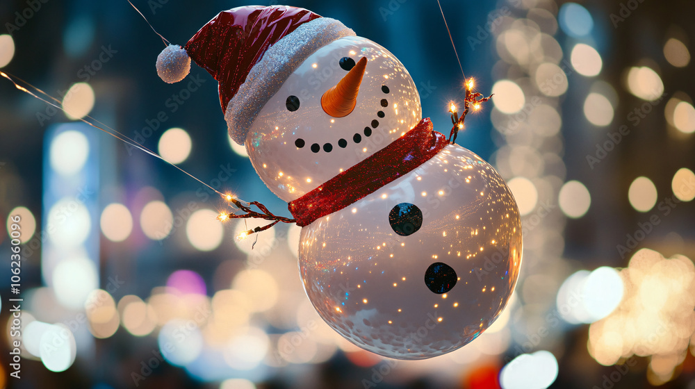 Poster snowman balloon floating over a christmas parade, tied to a string with glittering lights sparkling 