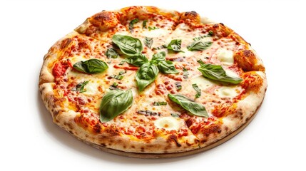 Freshly Baked Italian Margherita Pizza with Mozzarella and Basil on White Background