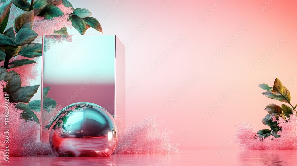 Poster a reflective cube and sphere are set amidst lush greenery and soft pink mist, creating an ethereal a