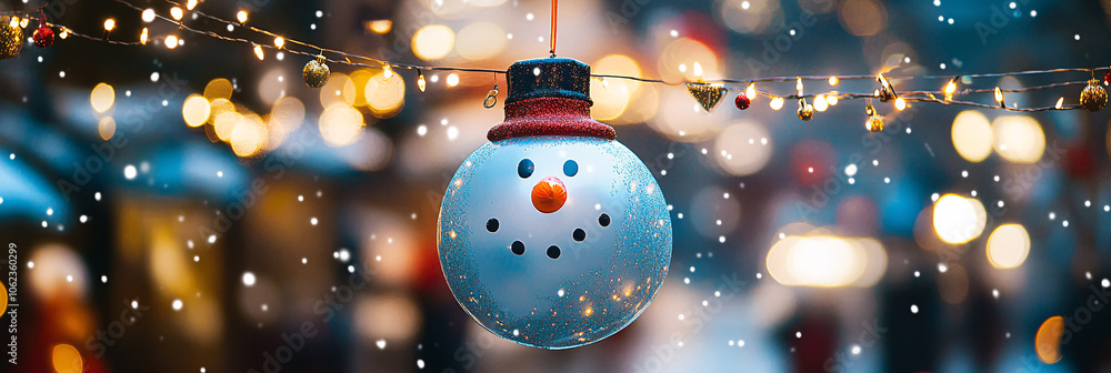 Poster snowman balloon floating over a christmas parade, tied to a string with glittering lights sparkling 