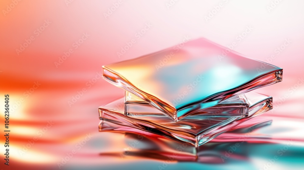 Poster a stunning arrangement of stacked glass sheets reflecting a spectrum of vibrant colors, creating an 