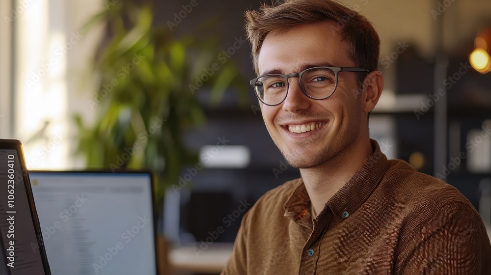 Poster smiling programmer tests application on tablet in modern office. casual professional wears glasses a