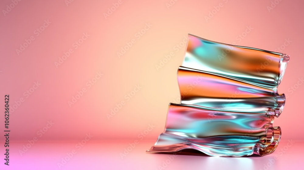 Poster an artistic depiction of a fluid, wavy glass structure that is enhanced by the reflection and play o
