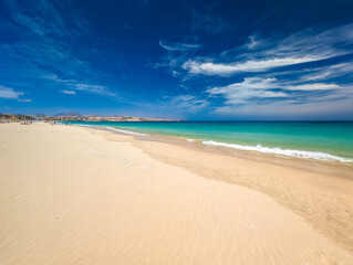 Aerial drone view of Costa Calma beach during the sunset,Fuerteventura, Canary Islands