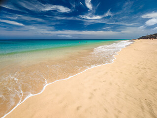 Aerial drone view of Costa Calma beach during the sunset,Fuerteventura, Canary Islands