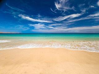 Aerial drone view of Costa Calma beach during the sunset,Fuerteventura, Canary Islands