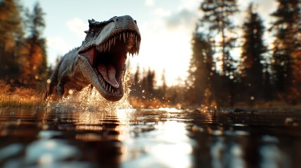 A fearsome dinosaur with its mouth open charges through a forest river, causing splashes in the...