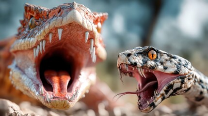 In a nature-inspired composition, a dinosaur and a snake face off, both with mouths agape,...