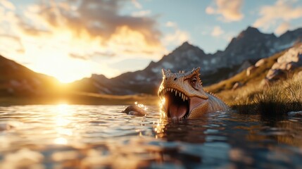 Naklejka premium A dinosaur emerges from a body of water at sunset with mountains in the background, catching the sun's glow and expressing primal strength and freedom.