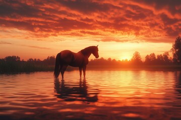 Horse in lake at sunset, calm water and vibrant sky hues