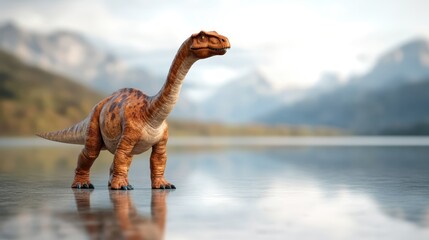 A long-necked dinosaur stands gracefully beside a tranquil lake, against a backdrop of snow-capped...