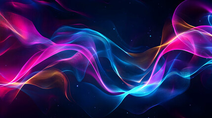 A dynamic abstract design featuring glowing, flowing neon waves in shades of pink, blue, and purple on a dark background.
