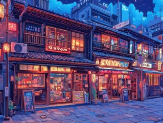 A vibrant evening scene of a traditional Japanese street in Tokyo, illuminated by colorful neon signs and warm lights, creating a lively urban atmosphere.