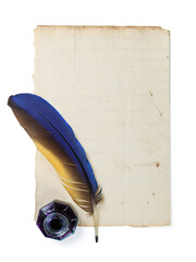 Medieval page with parrot feather and ink bottle isolated on background. Beautiful bird feather for...