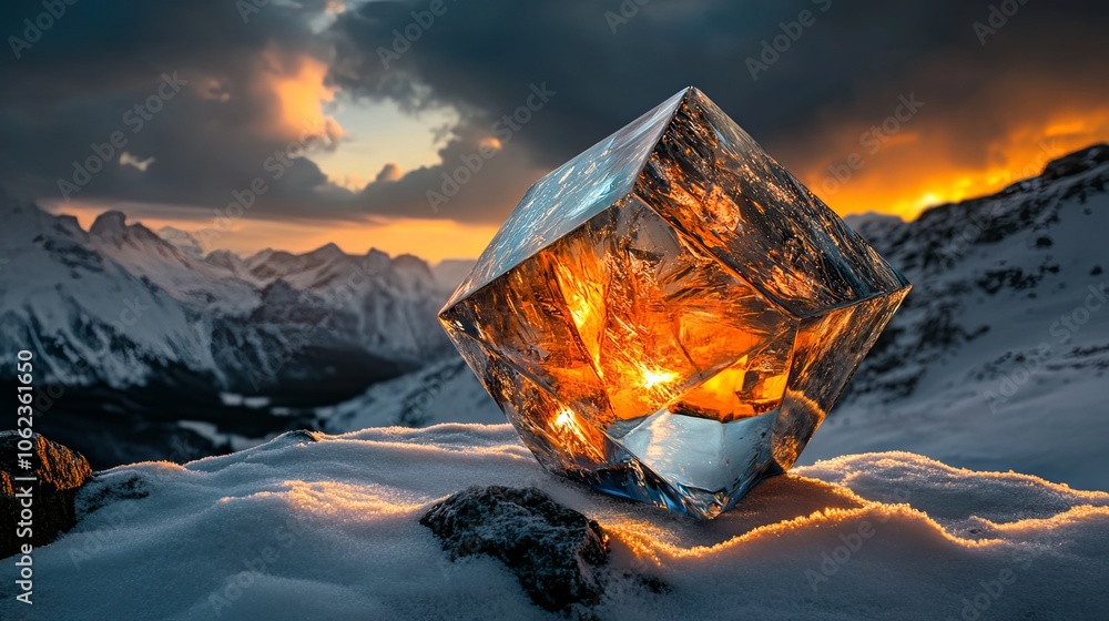 Poster a cube made of ice is surrounded by snow and mountains. the cube is lit up with a warm orange glow, 