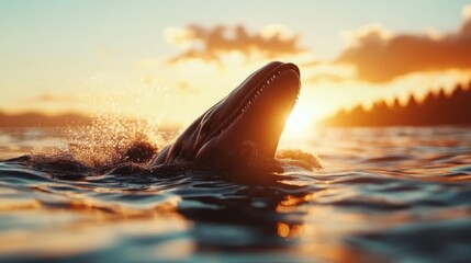 Fototapeta premium A striking silhouette of a breaching shark creates a dramatic scene against the vibrant orange and gold hues of the sunset, embodying the awe-inspiring power of the ocean.