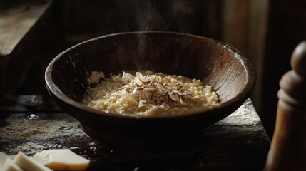 Italian mushroom risotto with a creamy texture, garnished with truffle oil