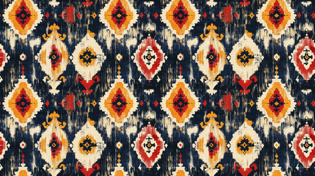 Colorful ikat pattern in vintage style with elegant ethnic motifs perfect for textile design and home decor