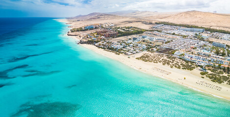 Aerial drone view of Costa Calma beach during the sunset,Fuerteventura, Canary Islands