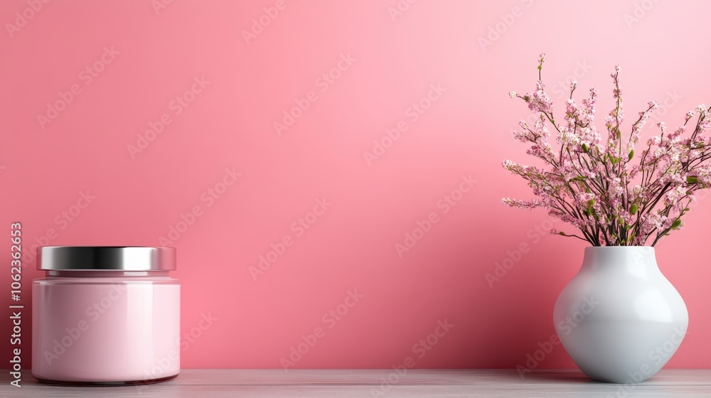 Aufkleber a minimalist setup featuring a pink backdrop with a jar on the left and a white vase with delicate f