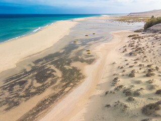 Aerial drone view of the beach of Sotavento, Fuerteventura, Canary Island, Spain
